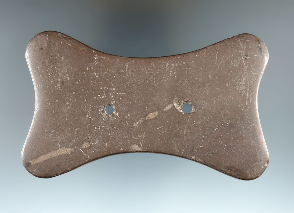 4" Red Slate Adena Quadriconcave Gorget. Pickaway Co., Ohio.  Ex. Tim Johnson, Todd Harding.