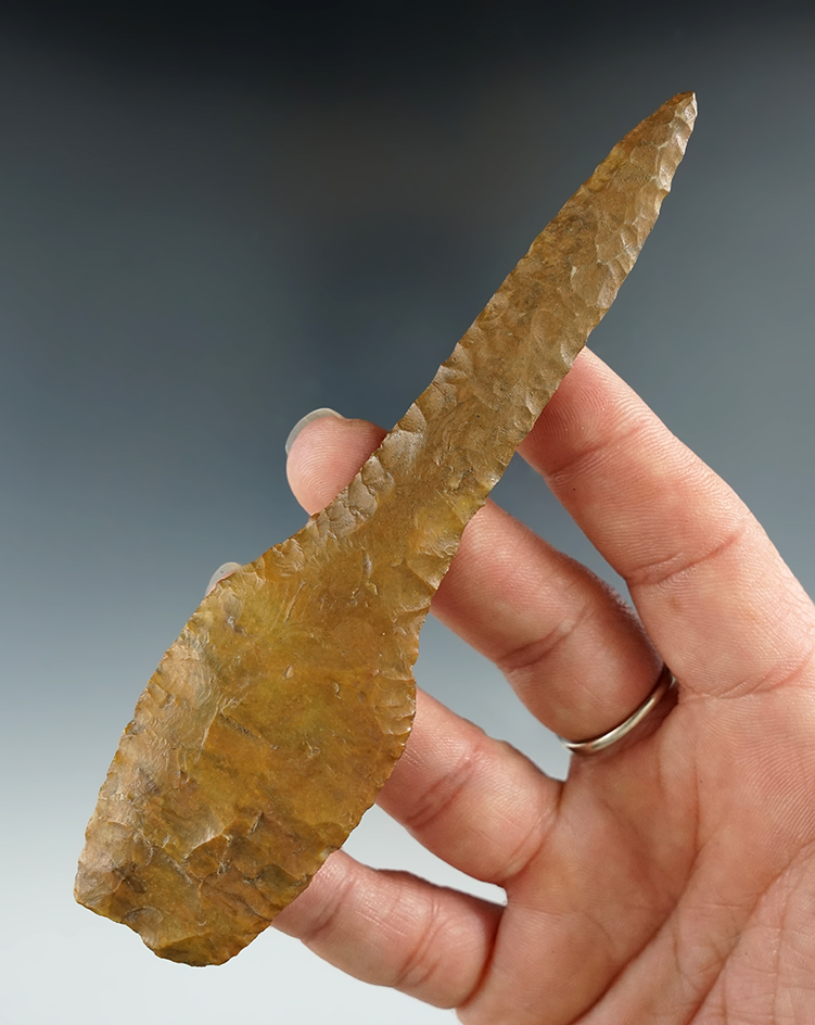 5 1/8" Beautiful Plum Run Paleo Lance Drill. Restoration to 2 3/16" of drill area.