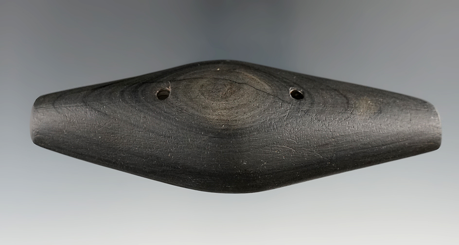 4 5/8" Expanded Center Gorget made from banded Glacial Slate found in Logan Co., Ohio.