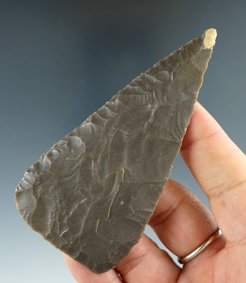 3 5/8" Thin and excellent chipping on this Hornstone Archaic Cobbs Blade. Crib Mound area, Indiana.