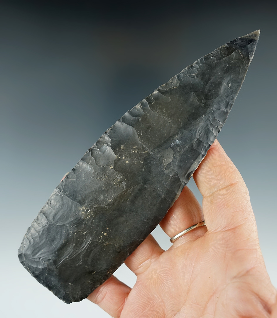 5 7/8" Grey Flint Mayan Blade found in Belize. Ex. Dave Walley, Richard Shively number A-84-A.