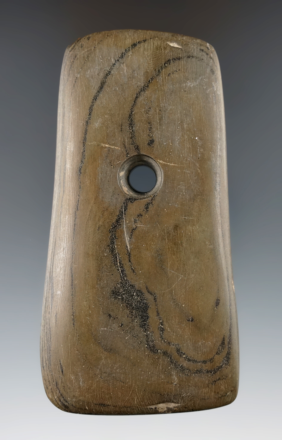 3 7/8" Adena Bell Pendant found in Knox Co., Ohio. Pictured.  Ex. Harley Glenn, John Rummel #97/1.