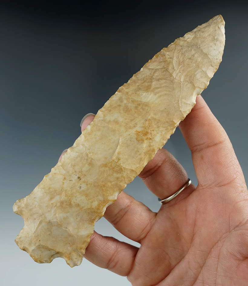 Large 5 3/4" orange and cream Burlington Etley Spear. Found in Beardstown, Illinois. Nice old relic.