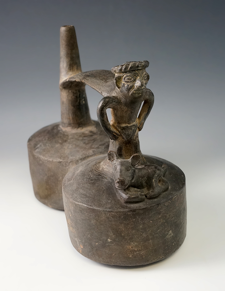 8 1/2" Wide Moche Dual Chamber Stirrup Bottle in nice condition, found in Peru.