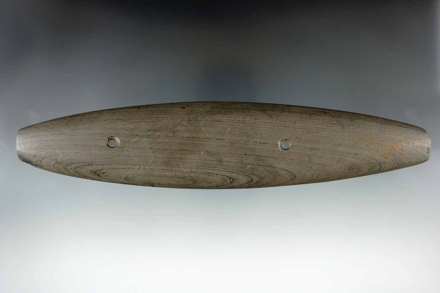 8 1/2" Long Banded Glacial Slate Gorget. Logan Co., Ohio. Ex. Sorgenfrei, Parks, Carr, Brooks.