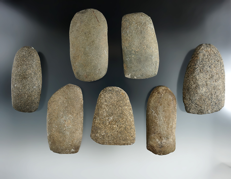 Set of seven field found Celts and Adzes, largest is 3 5/8".