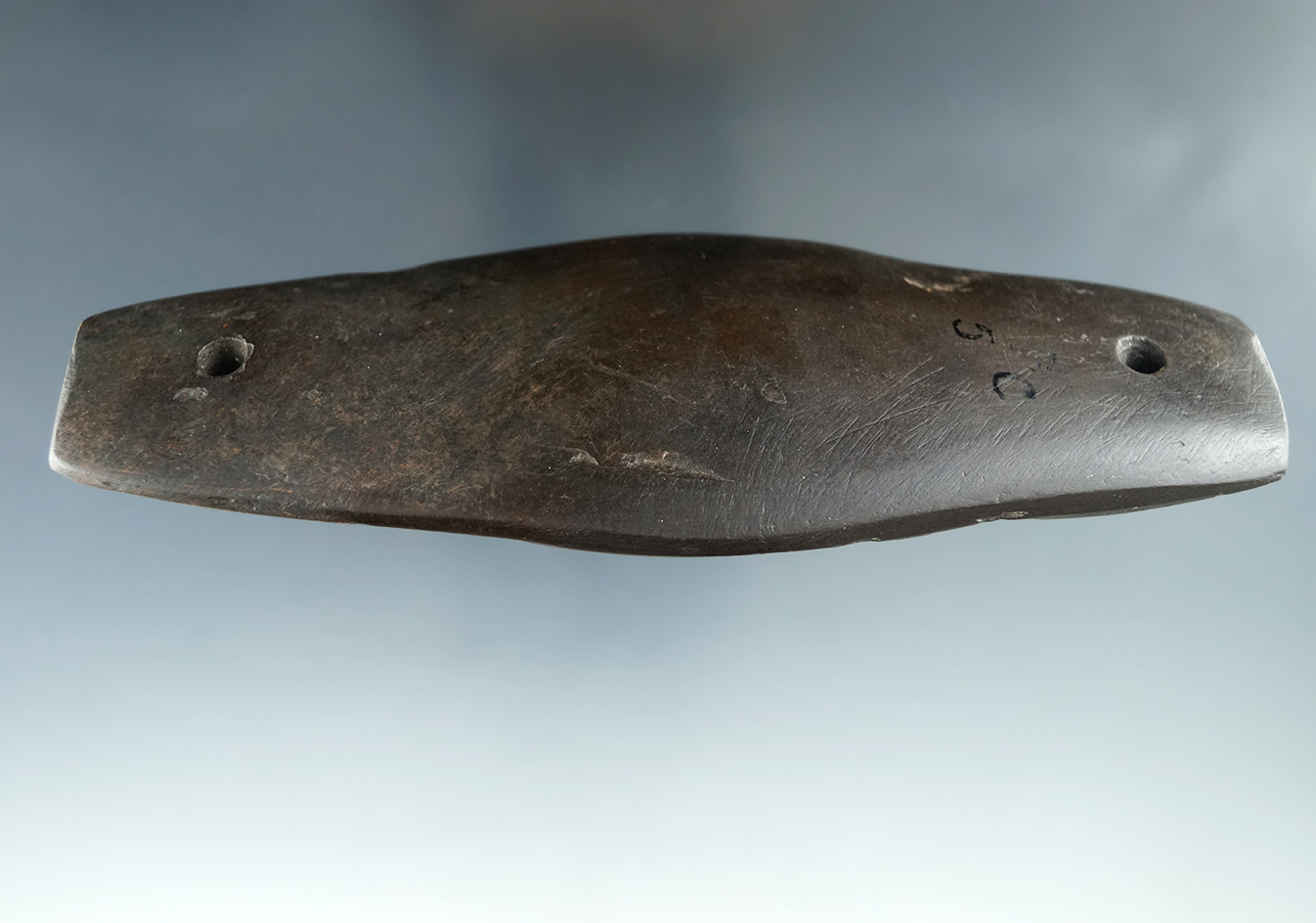 5 1/2" restored Gorget made from brown and black Banded Slate, found in Richland Co., Ohio.