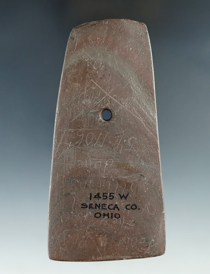 4 5/8" Adena Trapezoidal Pendant made from red and green Banded Slate, found in Seneca Co., OH