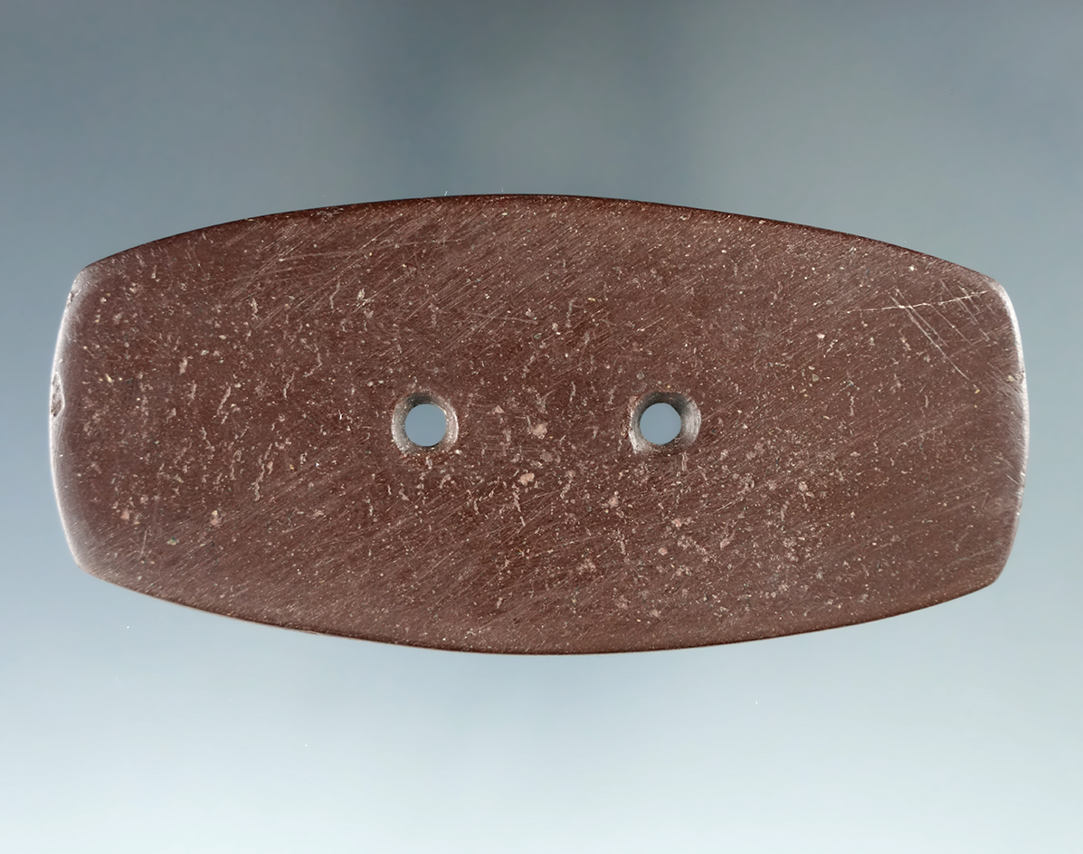 Thin 3 5/8" Hopewell Bar Gorget made from red Slate, found in Clark Co., Ohio.