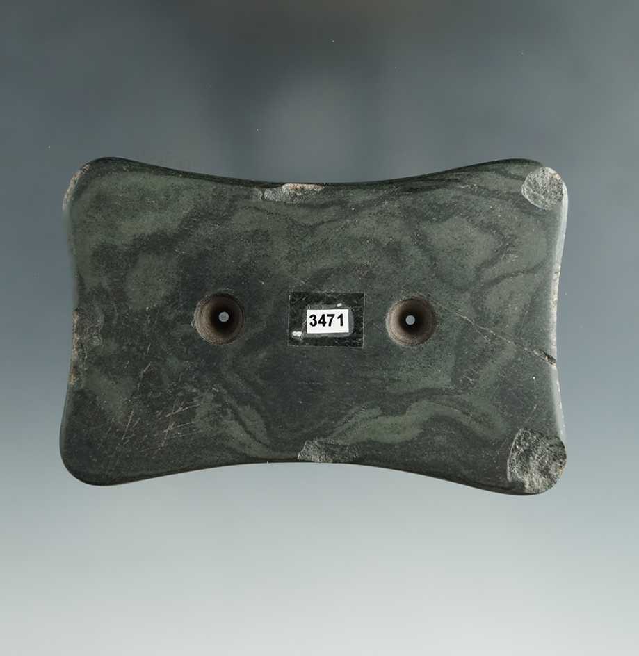 3 1/2" Slate Quadriconcave Adena gorget found in Ohio. Very nice color pattern.