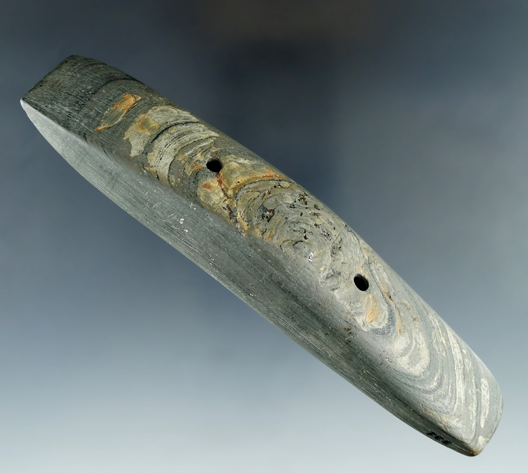 5 1/2" Humped Gorget made from Slate, found in Butler Township, Richland Co. Ohio. Ex. Wilkins.