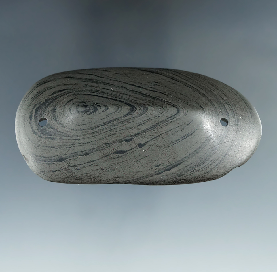 Well shaped 3 5/16" Humped Gorget made from nicely Banded Slate, found in Ohio.