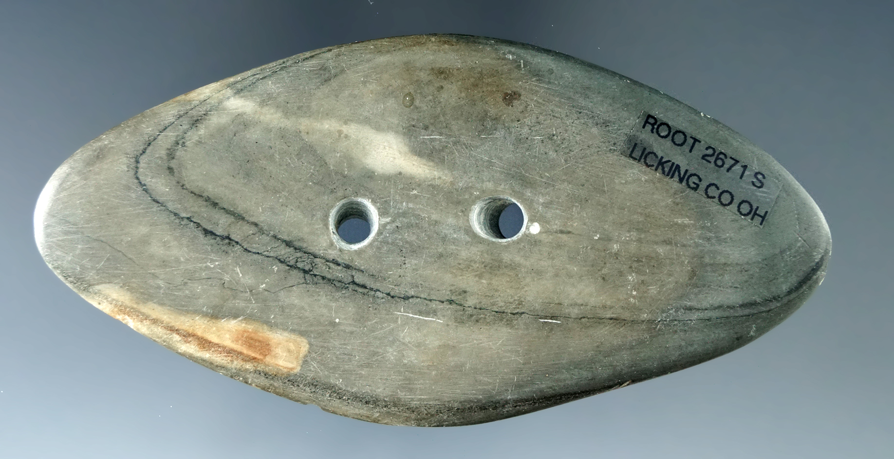 3 13/16" Glacial Kame Bi-Pointed Gorget with "worm tracks", found in Licking Co., Ohio.