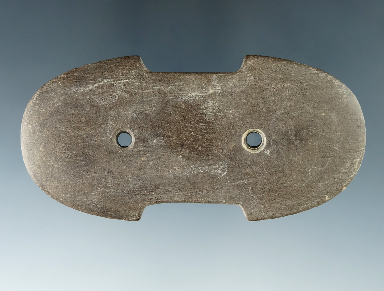 Rare style! 3 9/16" Indented Gorget made from brown Slate, found in Huron Co. Ohio.