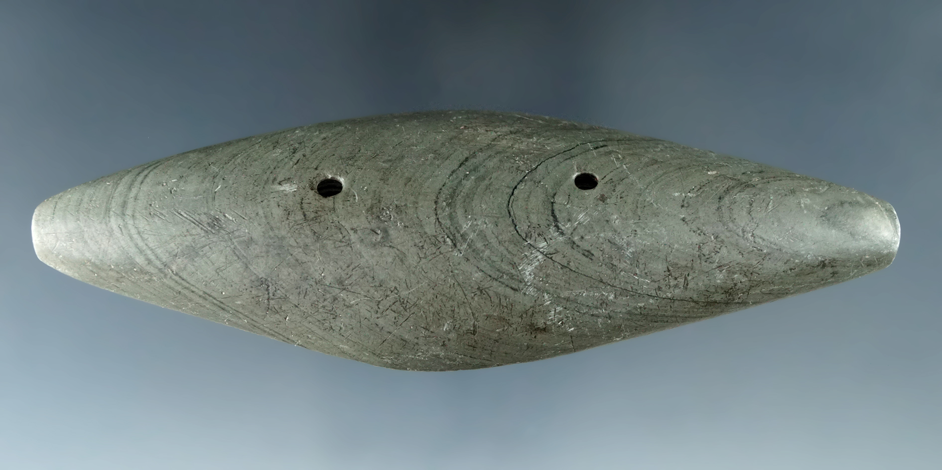 4 9/16" Adena Expanded Center Gorget found in Miami Co., Ohio. Pictured in Who's Who #10.