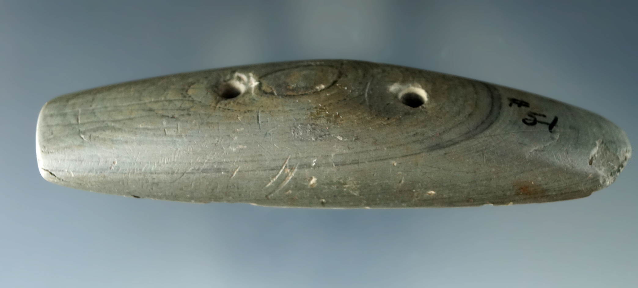 4" Humped Gorget made from Banded Slate found in Sandusky Co. Ohio. Bennett COA.