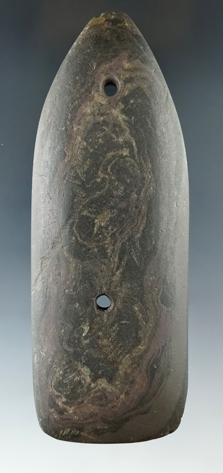 4 3/4" Glacial Kame Gorget made form brown and black Slate, found in Lawrence Co., Ohio.