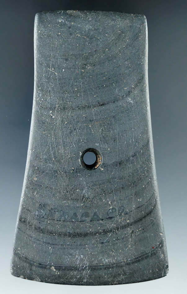 3 9/16" Hopewell Bell Pendant made from gray and black Banded Slate, found in Seneca Co., Ohio.