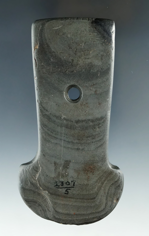 4 5/8" Hopewell Shovel Pendant that is engraved and tallied, Minor restoration to one corner.