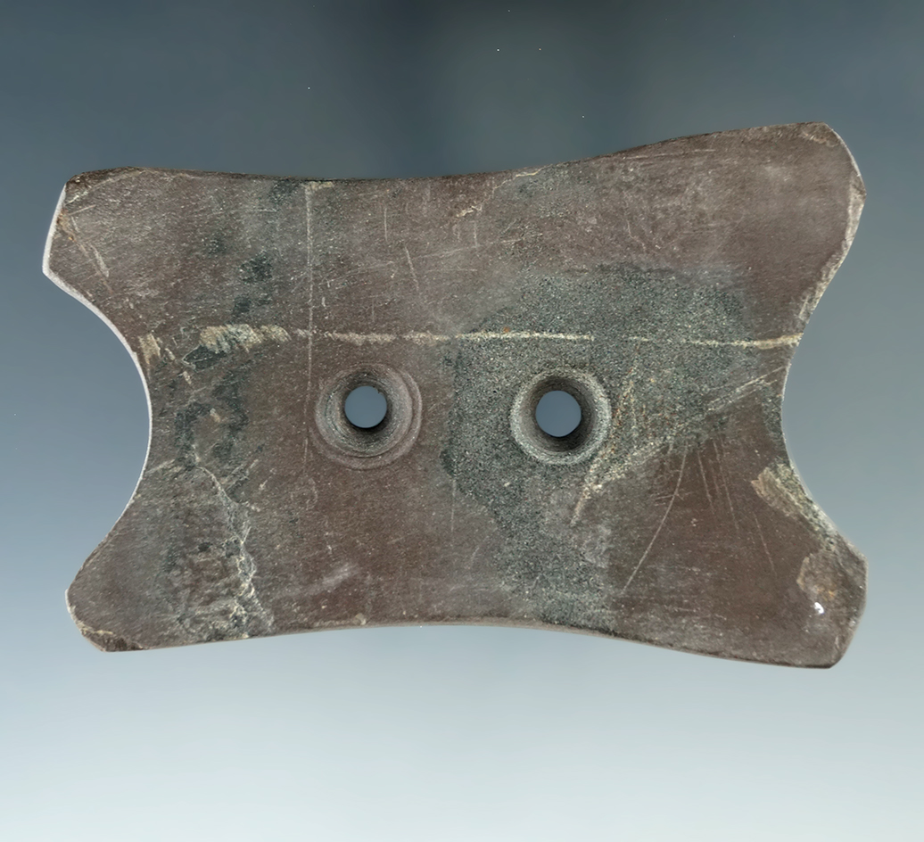 3 1/2" Quadriconcave Gorget found on the Walcher Farm in Fairfield Township, Huron Co. Ohio.