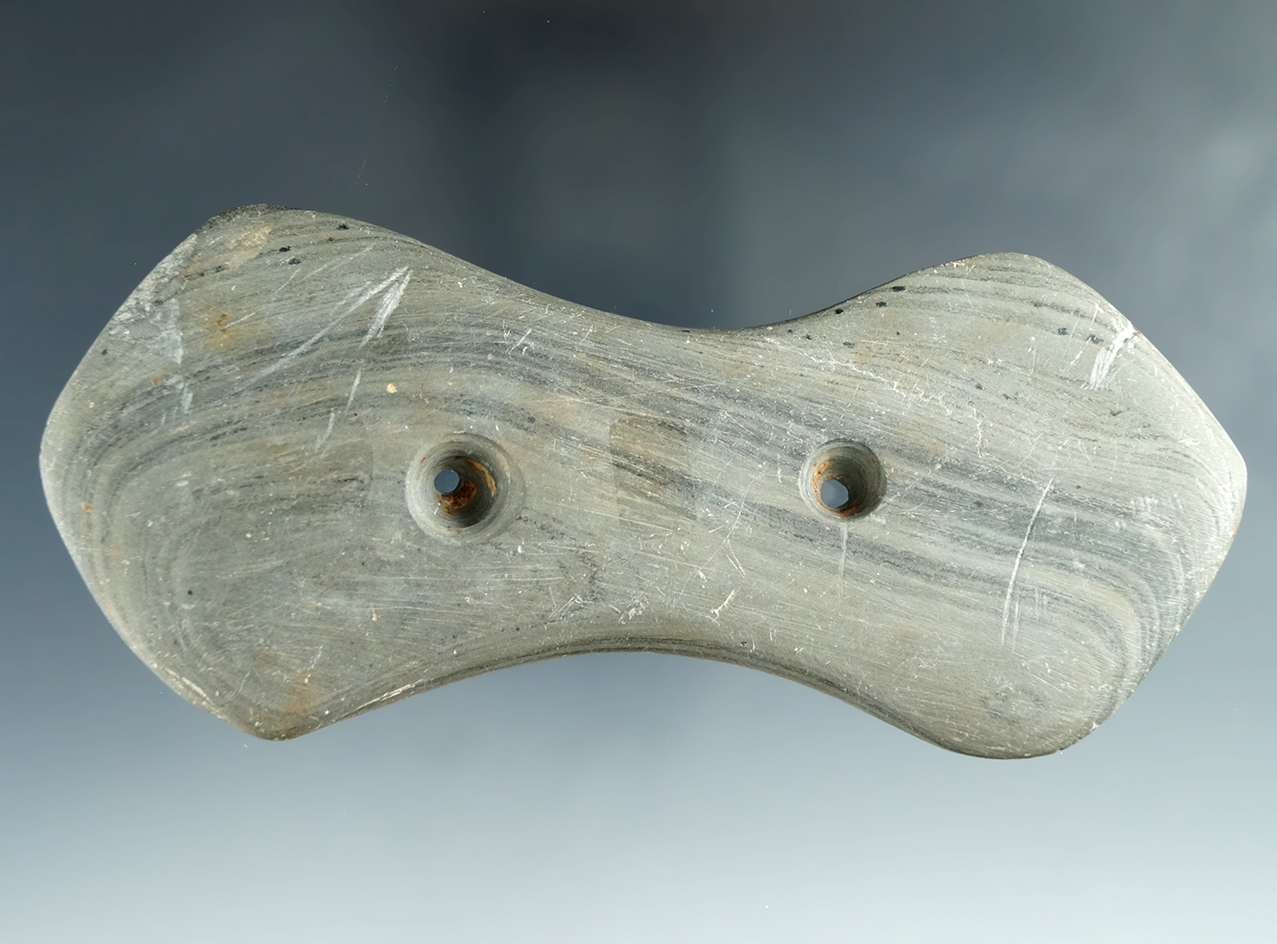 5" uniquely styled Bi-Concave Gorget found in Crawford Co. Ohio -Green banded Glacial Slate.