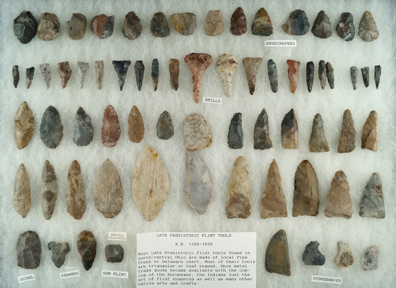 Group of assorted field found Flint tools including drills and blades. Largest is 2 7/8".