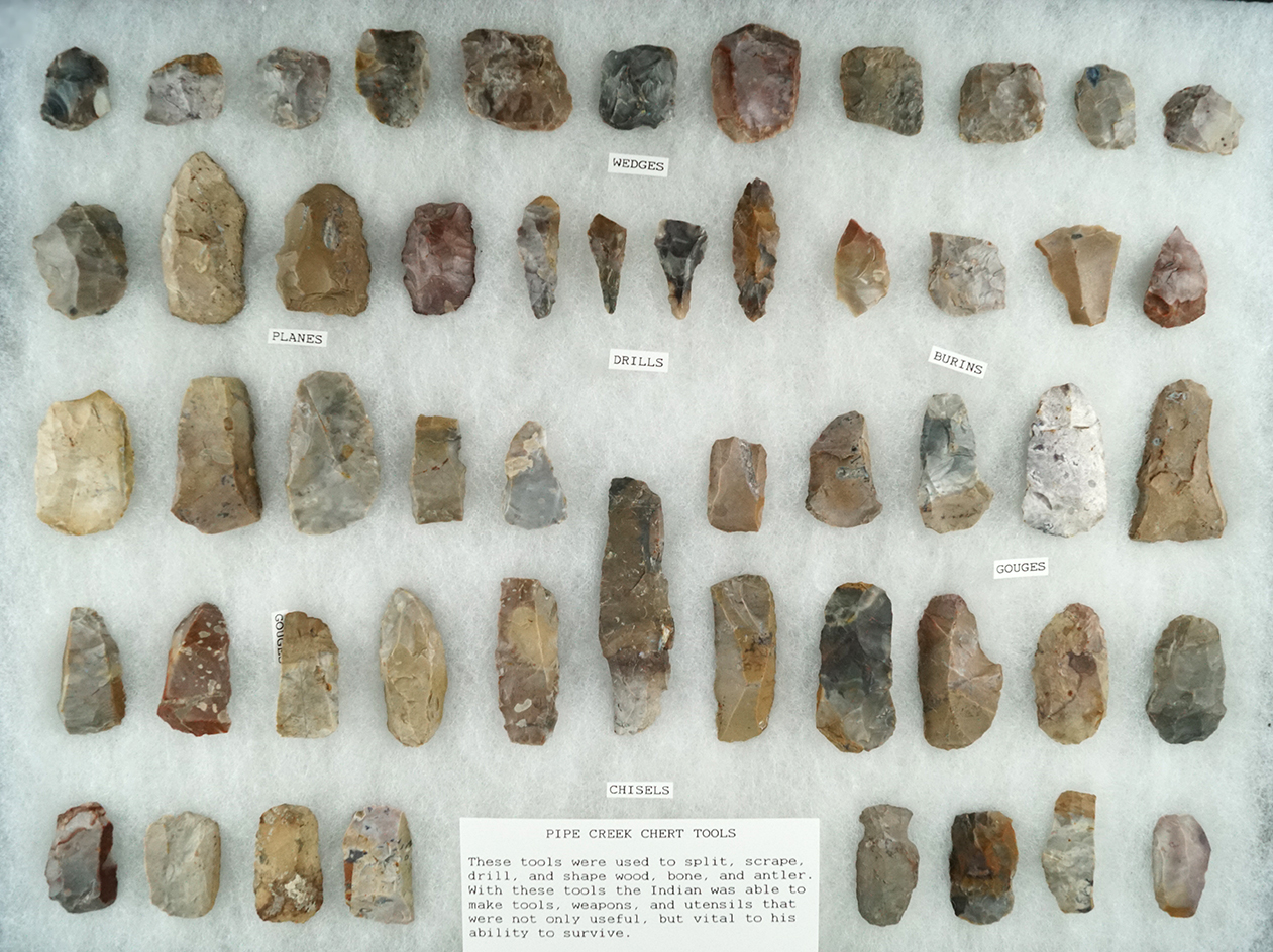 Group of approximately 55 assorted tools made from Pipe Creek Chert found in north central Ohio.