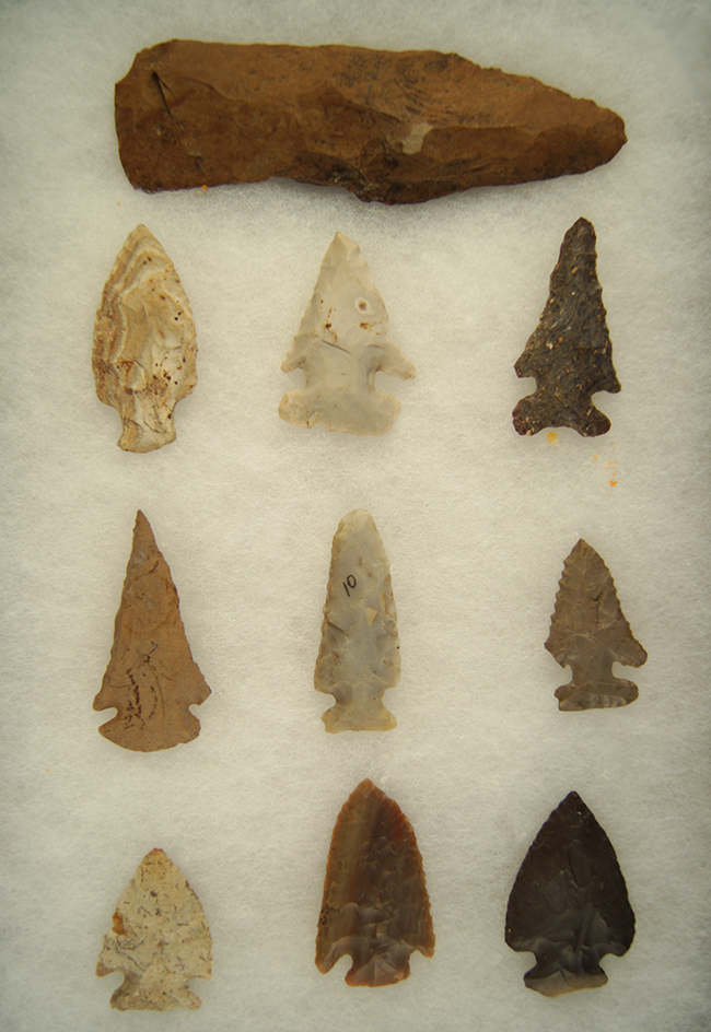 Set of 10 assorted Arrowheads and Knives found in western Ohio. Ex. Ron Thiebeau Collection.