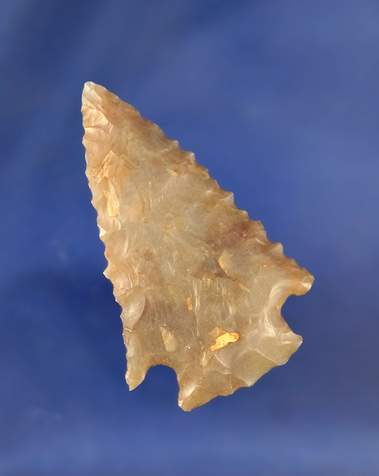 1 15/16" Kirk Serrated found in Ohio, made from Flint Ridge Flint.  Ex. Daniels.