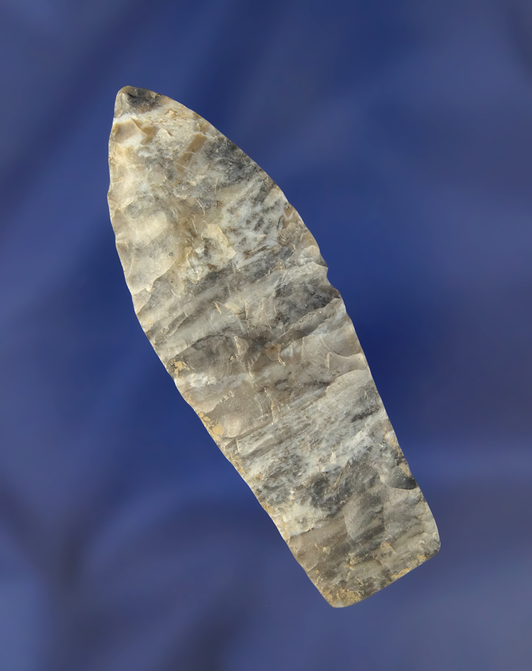2 13/16" Coshocton Flint Paleo Stemmed Lance with heavily ground lower edges found in Ohio.
