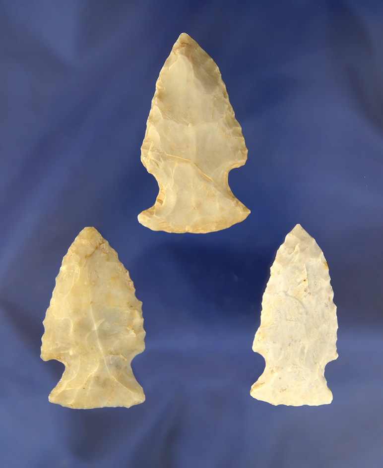Set of 3 Flint Ridge Flint Hopewell Points found in Marion Co., Ohio, largest is 2 3/16".  Ex. Gary
