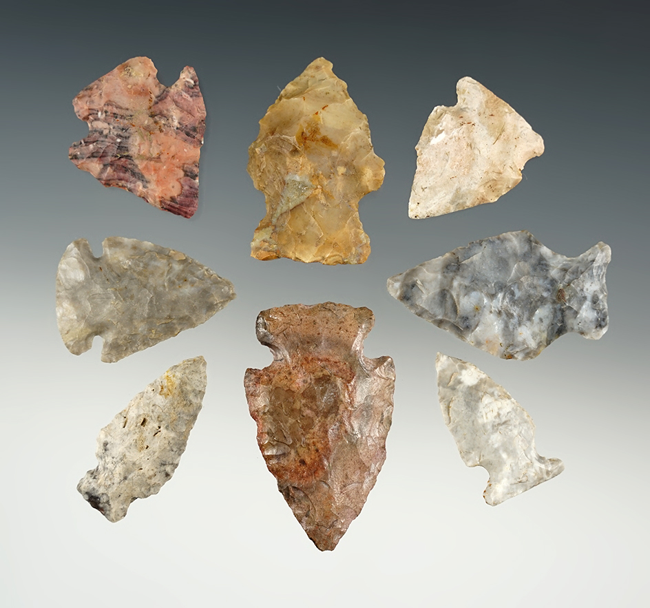Set of 8 Flint Ridge points found in Jefferson Co., Ohio. The largest is 1 3/4".