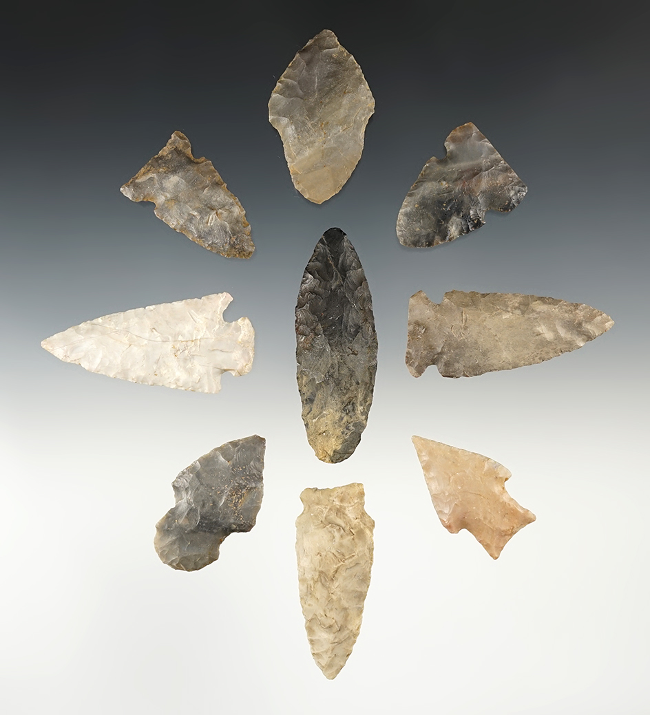 Set of 9 Midwest points in good condition. The largest is 2 3/4".