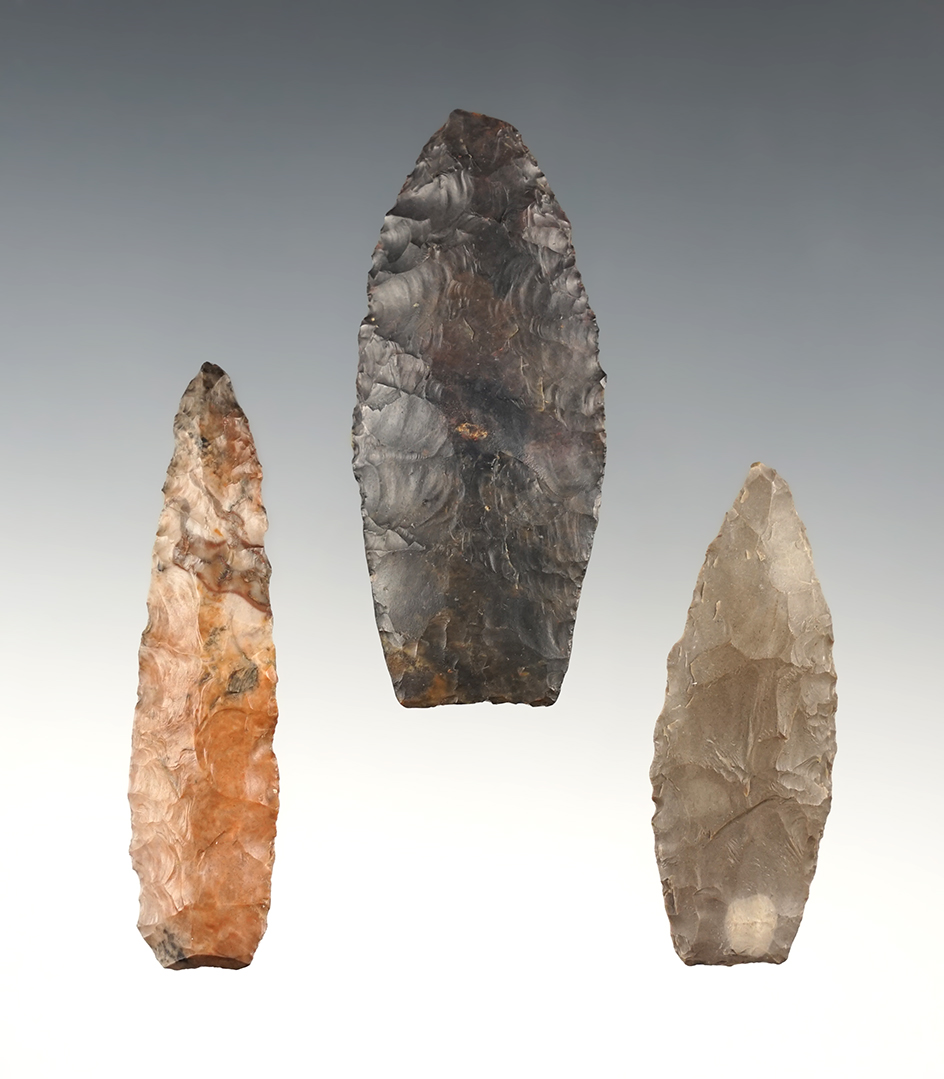 Set of 3 Lanceolate points. The largest is a Paleo piece that measures 2 5/8". 