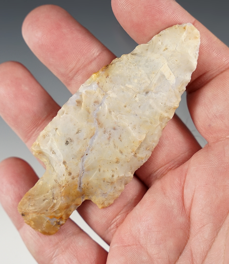 Well made 3 9/16" Flint Ridge Adena found in Ohio. Color change at tip that is in the material.