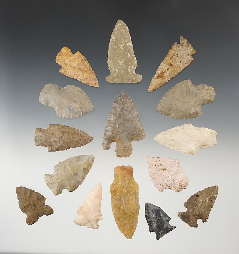 Set of 15 nice Midwest points. The largest is 2 9/16".