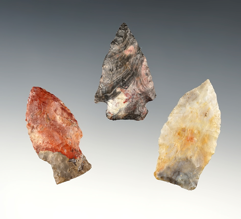 Set of 3 colorful Flint Ridge Ohio points. The largest is 2".