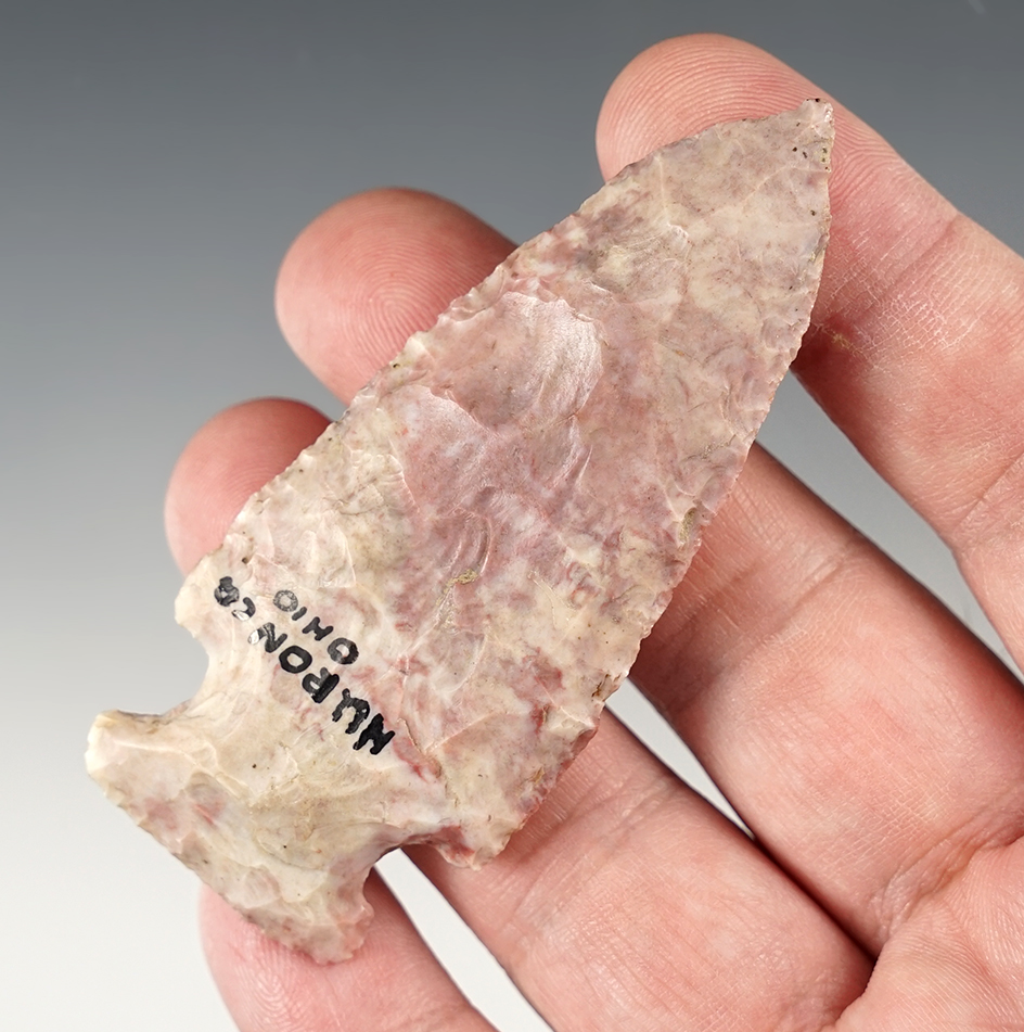 3 1/8" Beautiful purple & cream Flint Ridge Hopewell Point with great patina. Huron Co., Ohio.