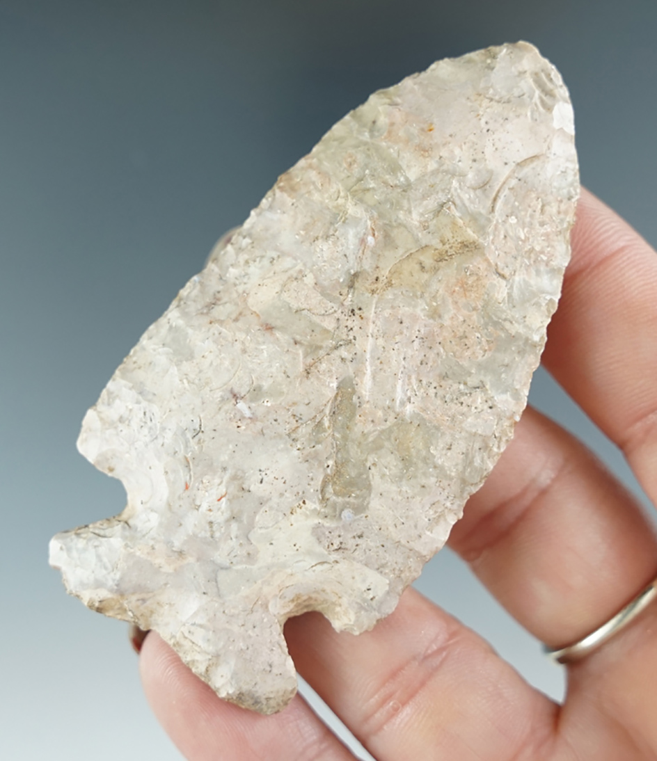 2 15/16" Archaic Cornernotch made from Burlington Chert, found in Illinois. Bennett COA.