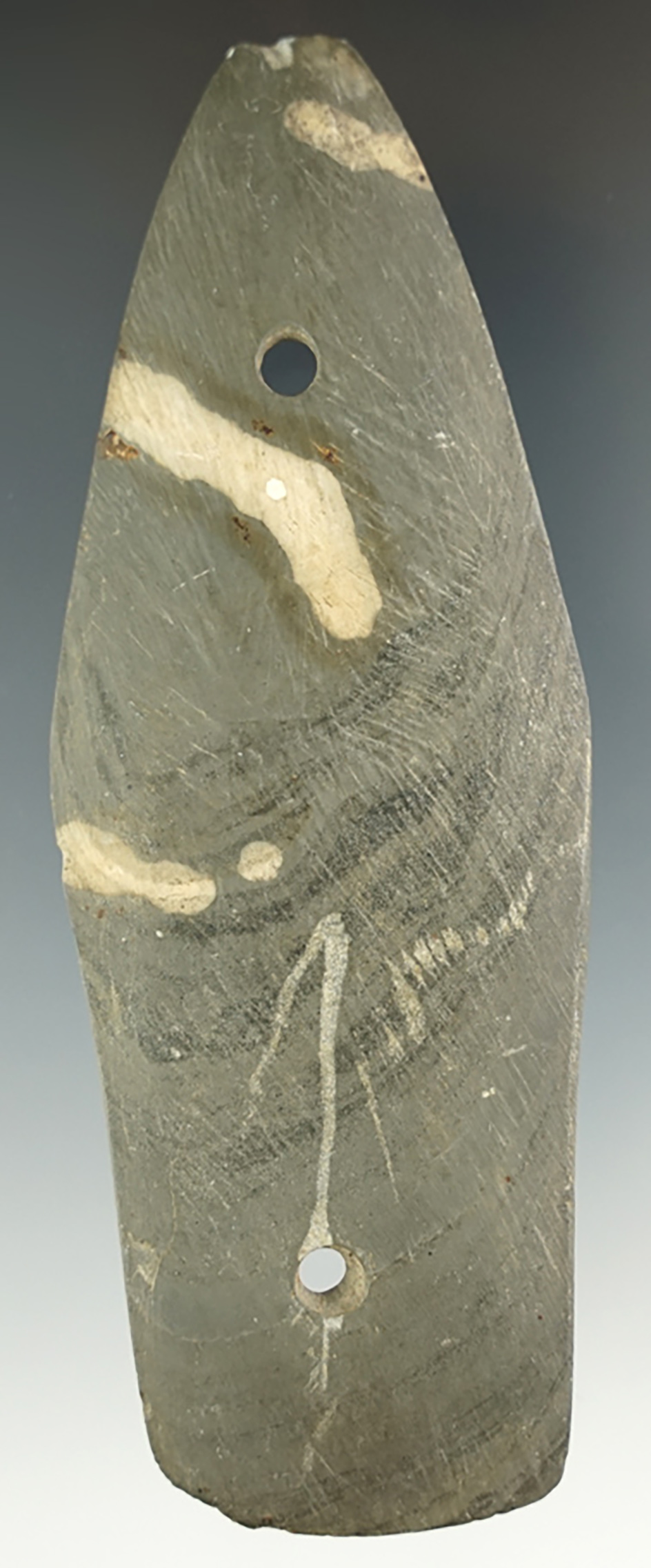 4 5/16" Ohio Glacial Kame Gorget made from Banded Slate. Ex. Elleman (#4762).