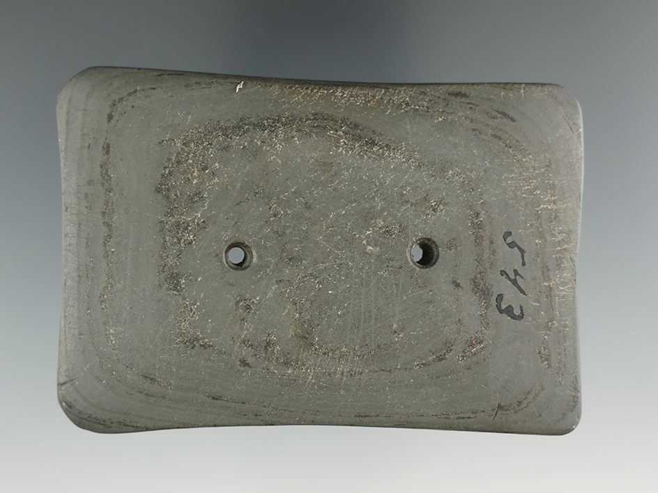 3 5/16" Gorget made from Mottled Slate, found in Miami Co., Ohio. Ex. Elleman Collection (#4741).