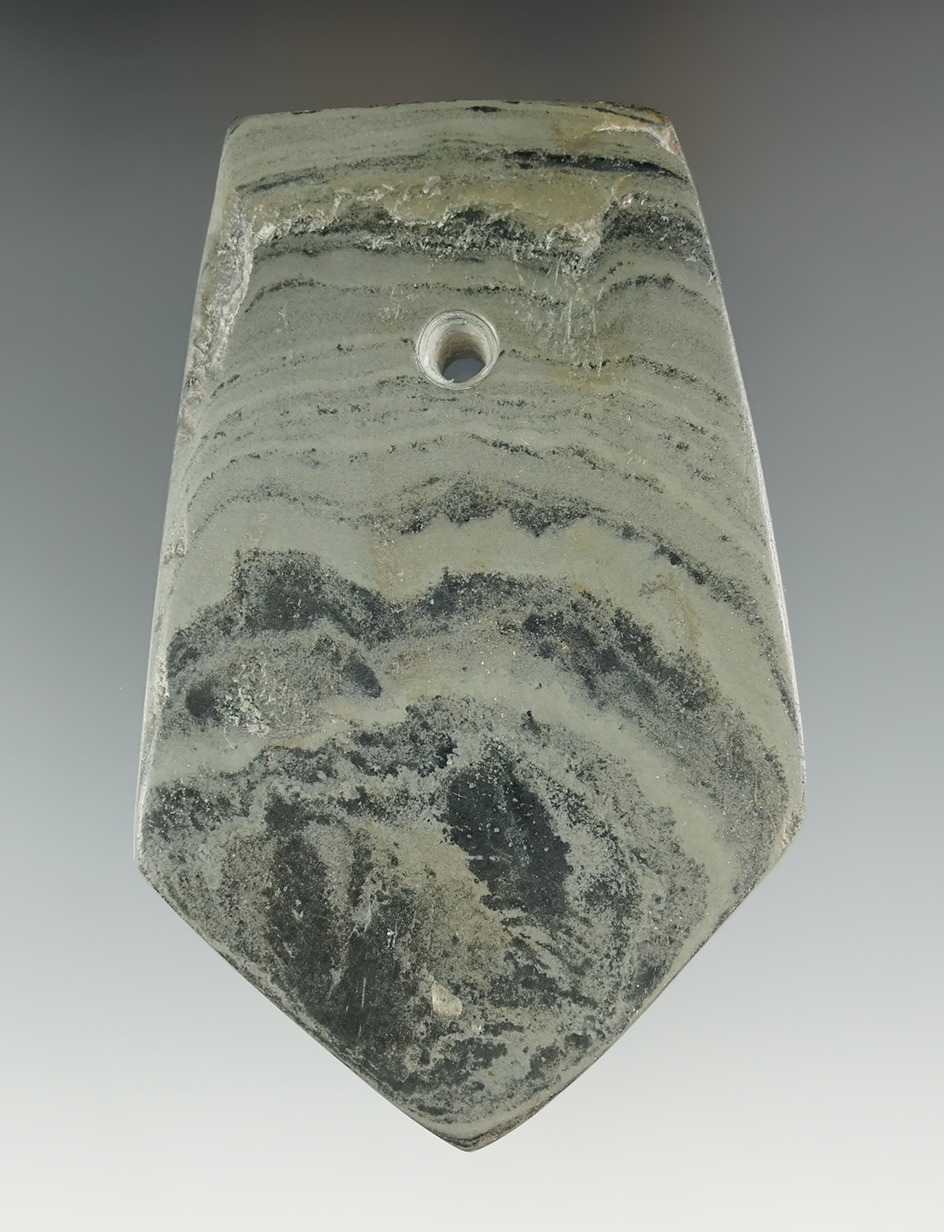 3 15/16" Trapezoidal Pendant made from Banded Slate. Found in Van Wert Co., Ohio. COA's.