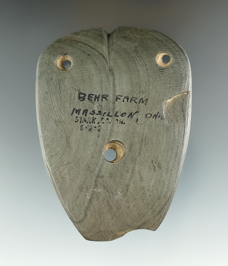 3" Very rare face effigy Banded Slate Pendant. Found on the Behr Farm, Stark Co., Massillon, Ohio.