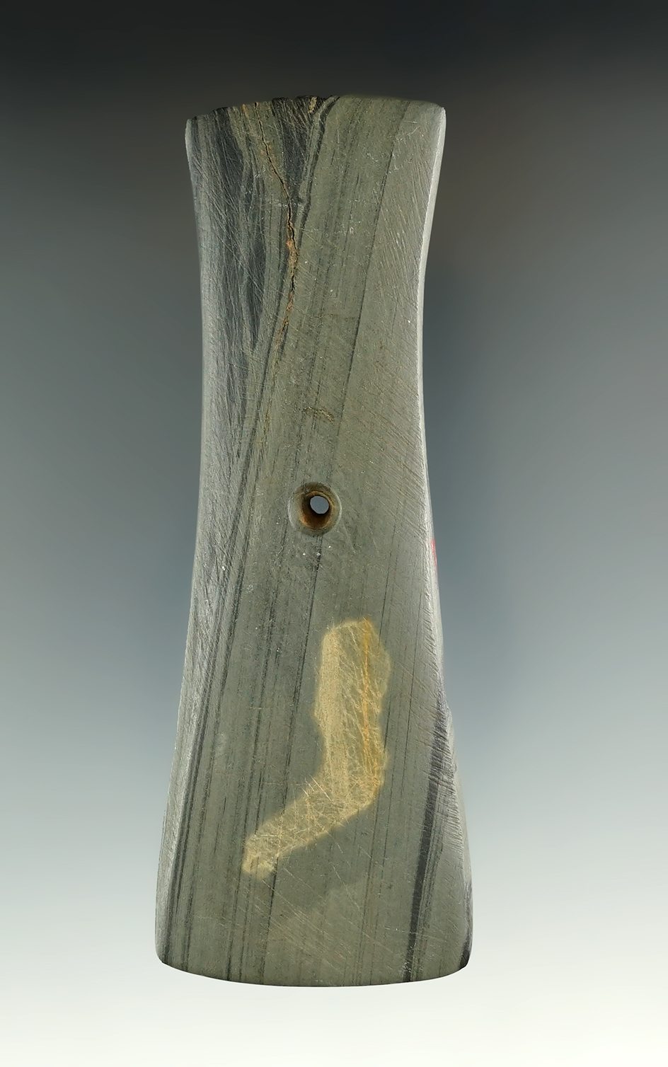 4 1/4" Hopewell Trapezoidal Pendant made from Slate, found in Ohio. Ex. Richard Sisson, Dave Root