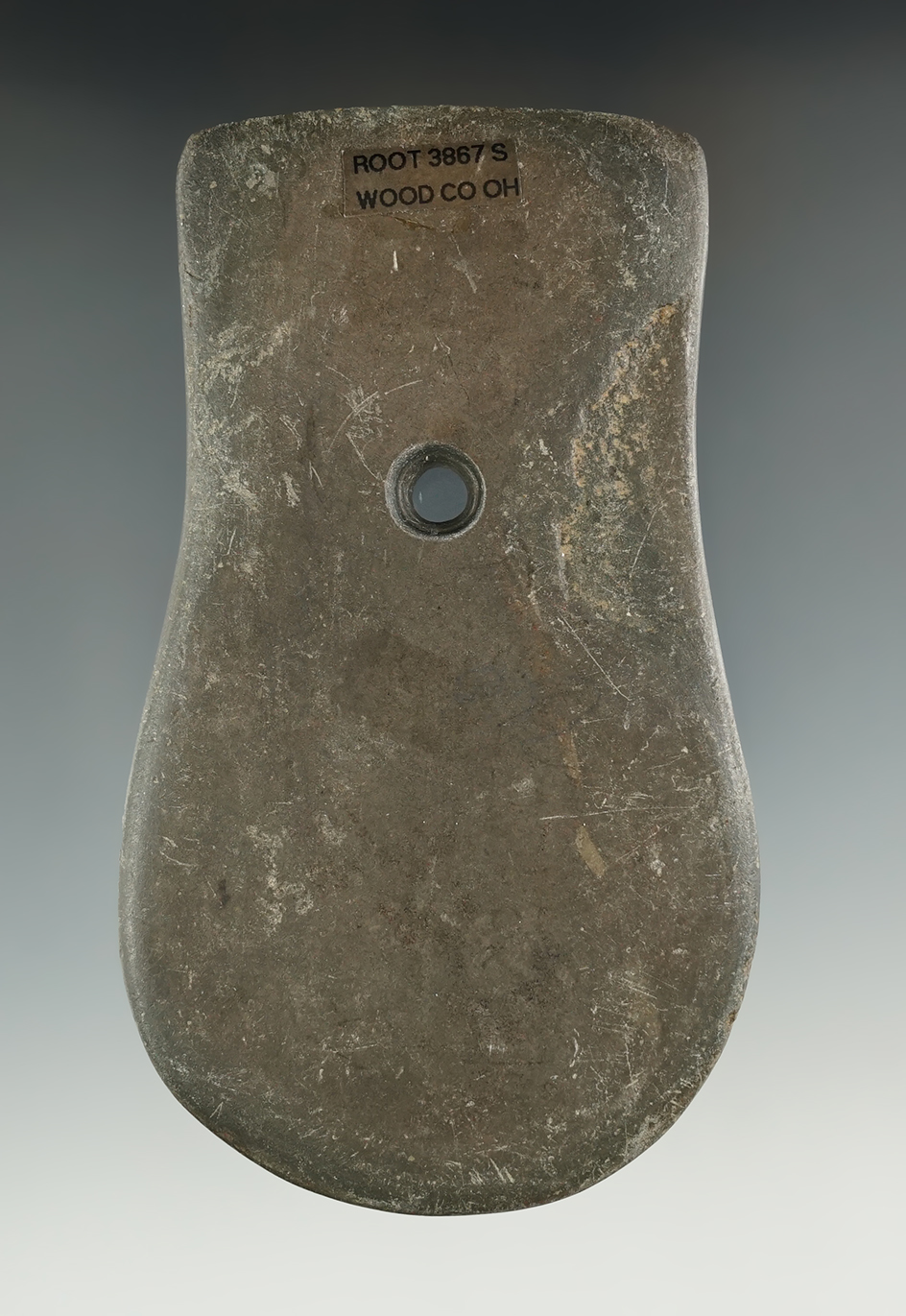 4 5/8" Adena Keyhole Pendant made from Slate, found in Wood Co., Ohio. Ex. Dave Root (#3867s).