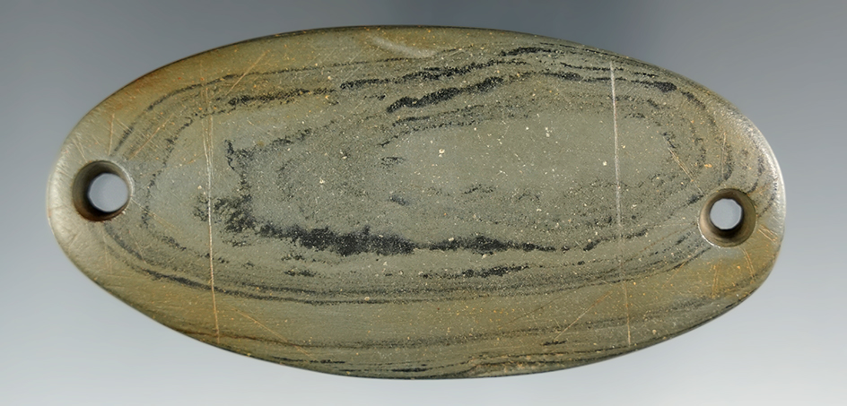 3 9/16" Glacial Kame Ovate Gorget - Banded Slate that is incised. Brown Co., Ohio. COA's.