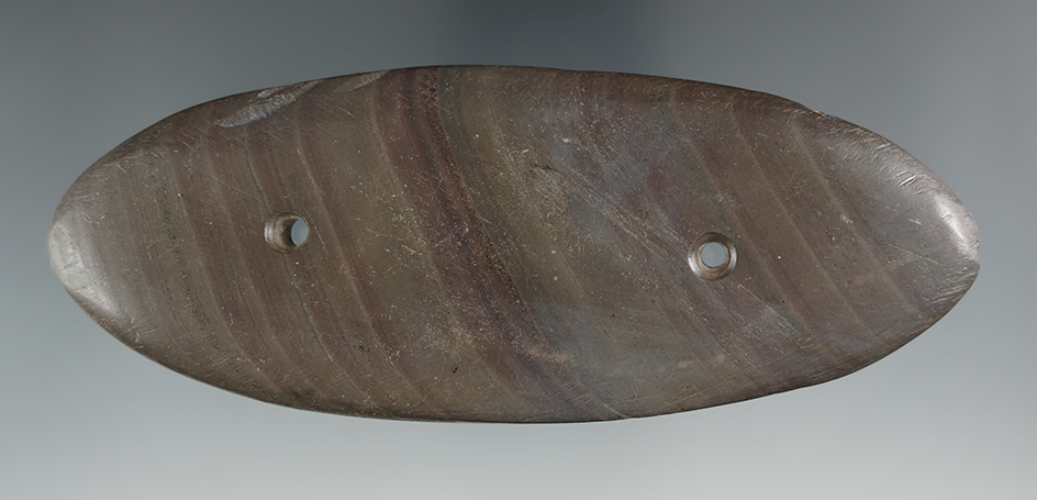 5 1/4" Elliptical Gorget made from red and green Banded Slate. Found in Clermont Co., Ohio. COA's.