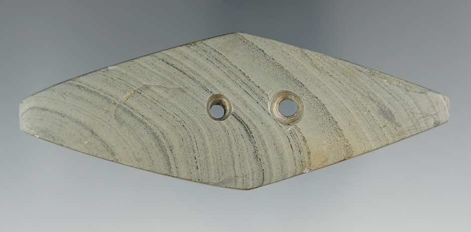 4 5/16" Miniature version of a Bi-point Gorget made of green Banded Slate. Hardin Co., Ohio.