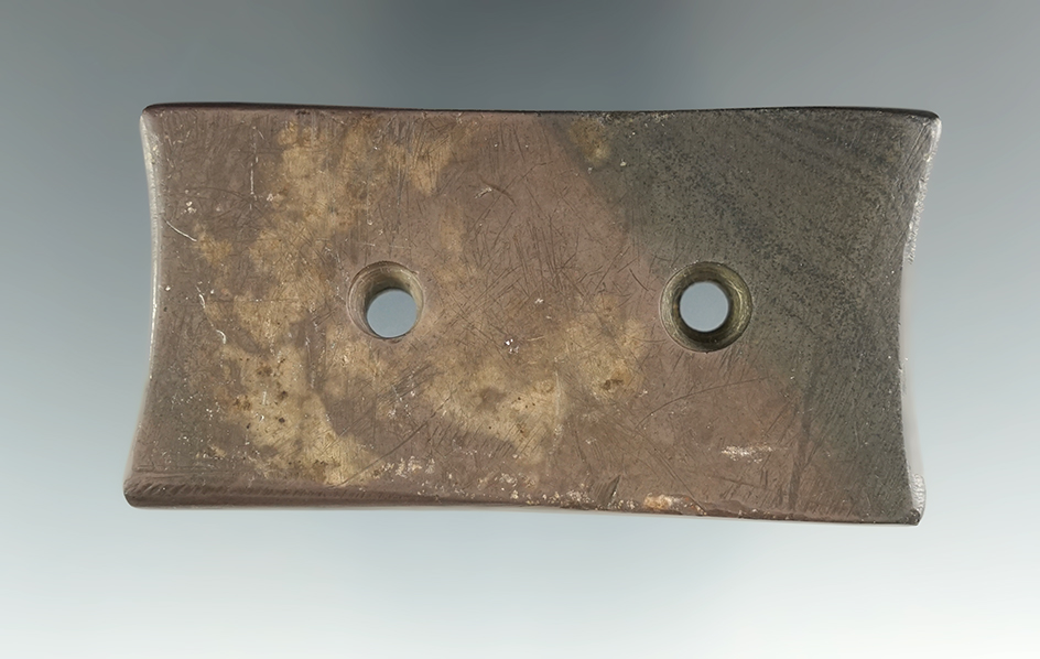 2 15/16" Gorget made from Banded Slate, found in Sheffield, Lorain Co., Ohio.