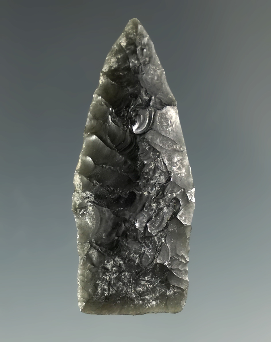 1 5/8" Eden made from Obsidian. Found in 1964 in Lake Co., Oregon by Robert Peterson. COA's.
